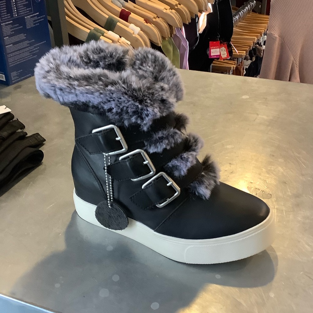 Black Leather Faux Fur Bootie BRAND NEW J SLIDES
